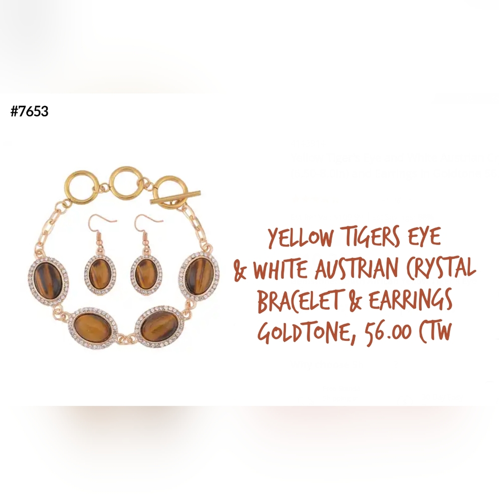Tigers Eye & Crystal toggle bracelet & earrings, goldtone